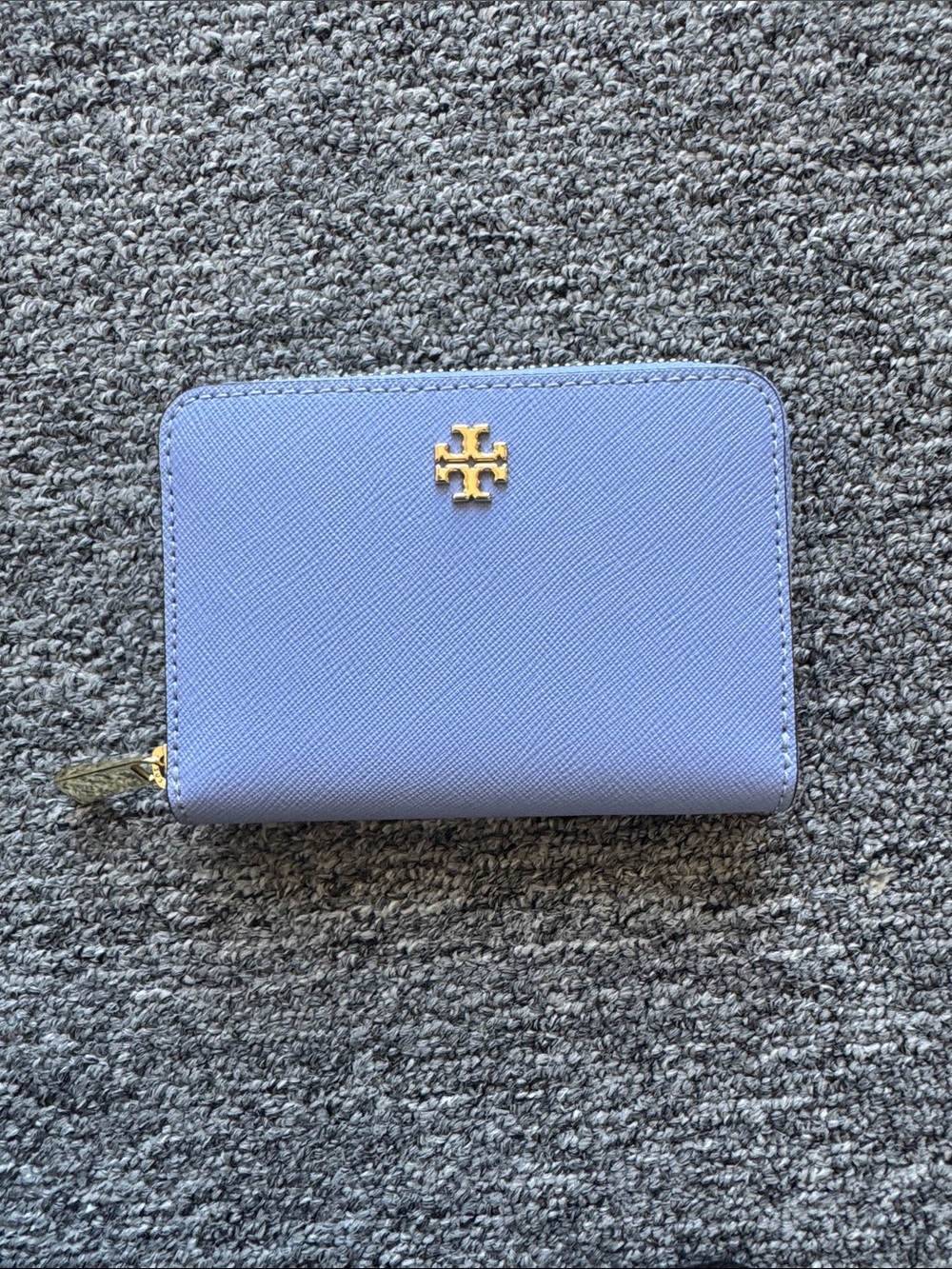 Tory Burch Small Zip Wallet in Periwinkle Blue with Gold Logo